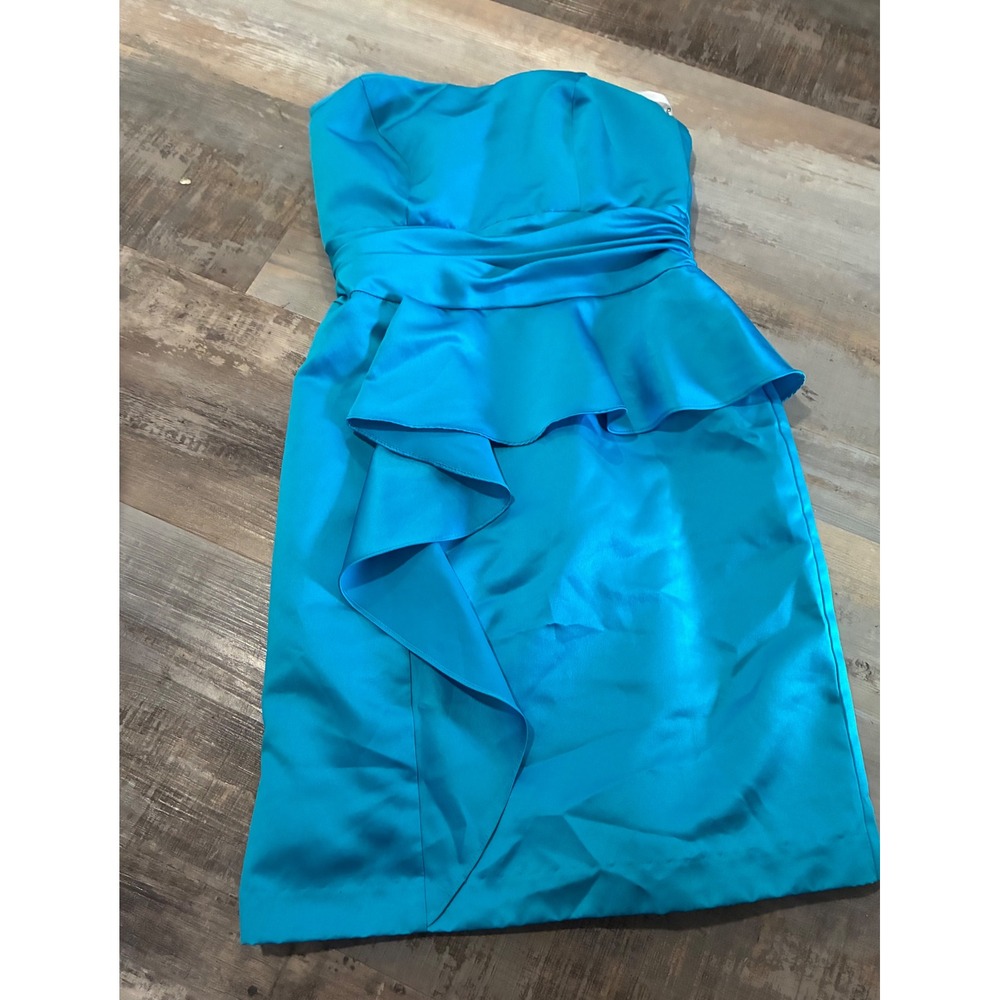 Davids Bridal Turquoise Blue Satin Strapless Peplum Cocktail Dress 6